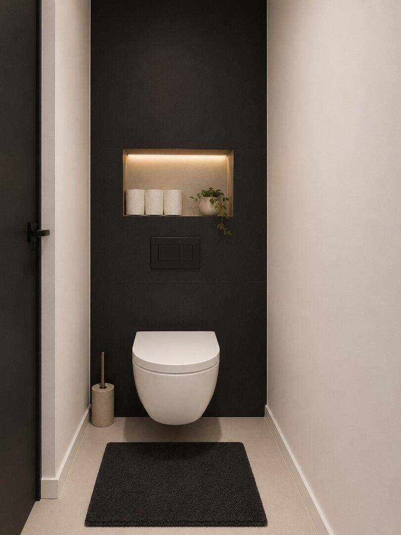 Modernes Gäste-WC mit wandhängender Toilette und dunklen Fliesen, minimalistisch und stilvoll gestaltet.