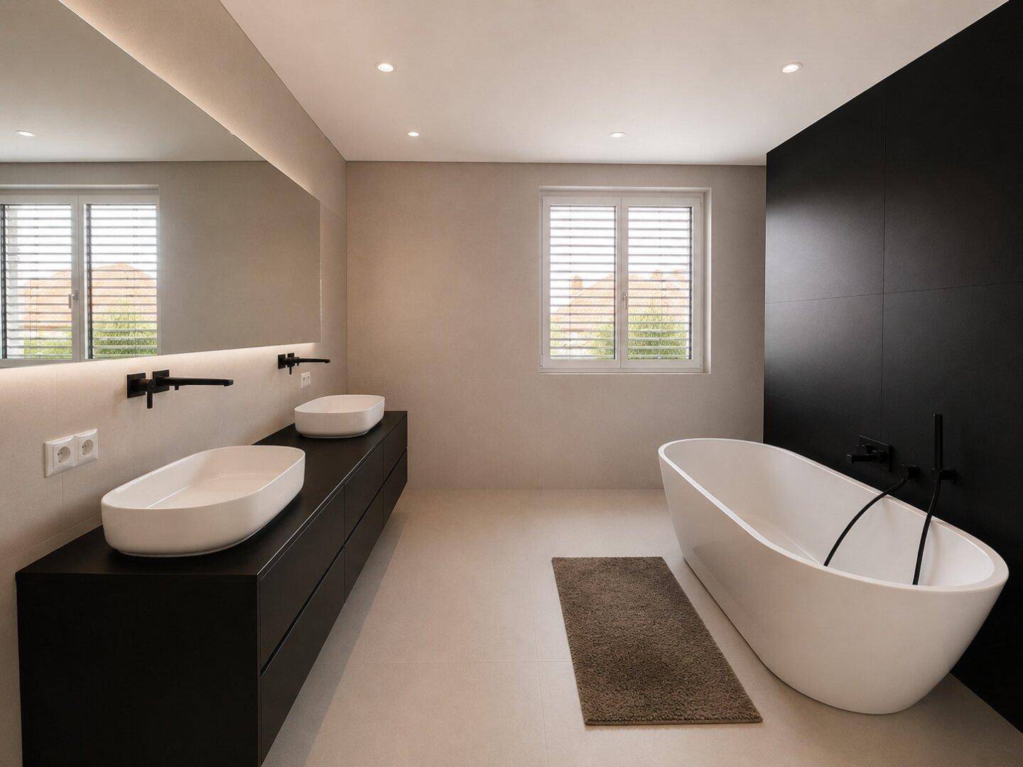 Modernes Badezimmer mit freistehender Badewanne, Doppelwaschbecken und großem Spiegel für Komfort.