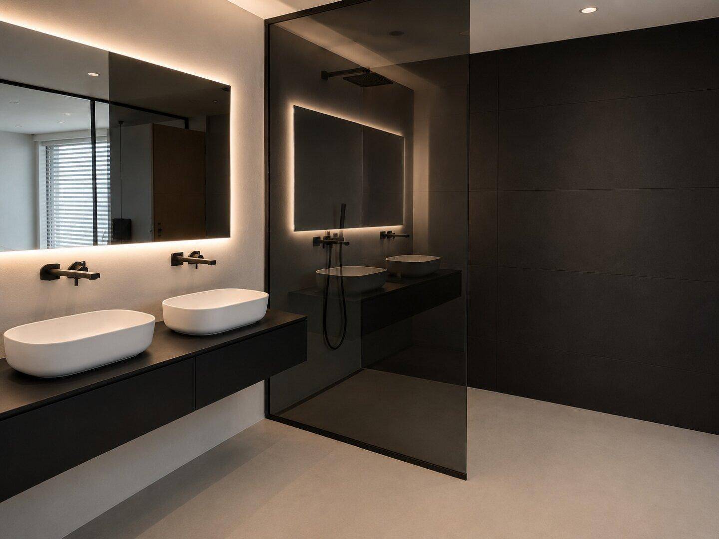 Luxuriöses Badezimmer mit begehbarer Dusche, Doppelwaschbecken und beleuchtetem Spiegel für modernes Design.