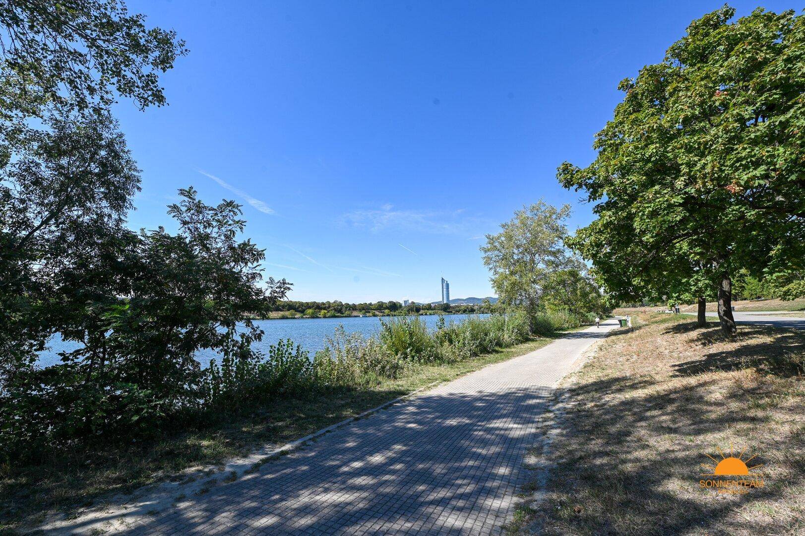 Malerischer Seeblick mit üppigem Grün und einem Spazierweg am Ufer.