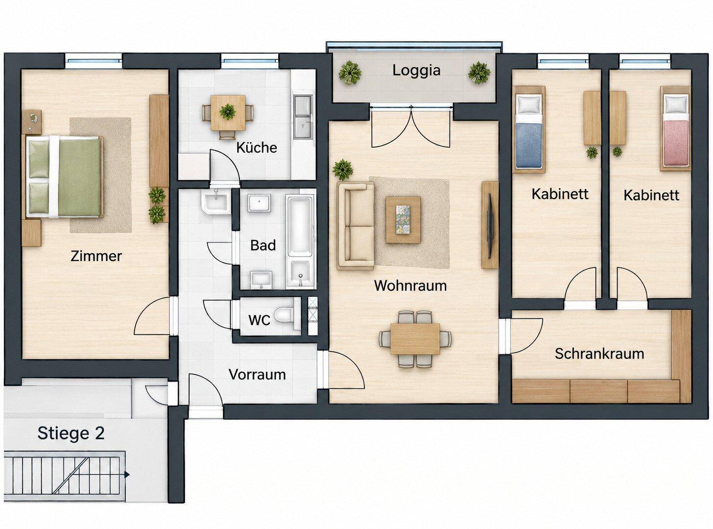 Grundriss einer Wohnung mit drei Zimmern, separater Küche, Bad, WC und Loggia.