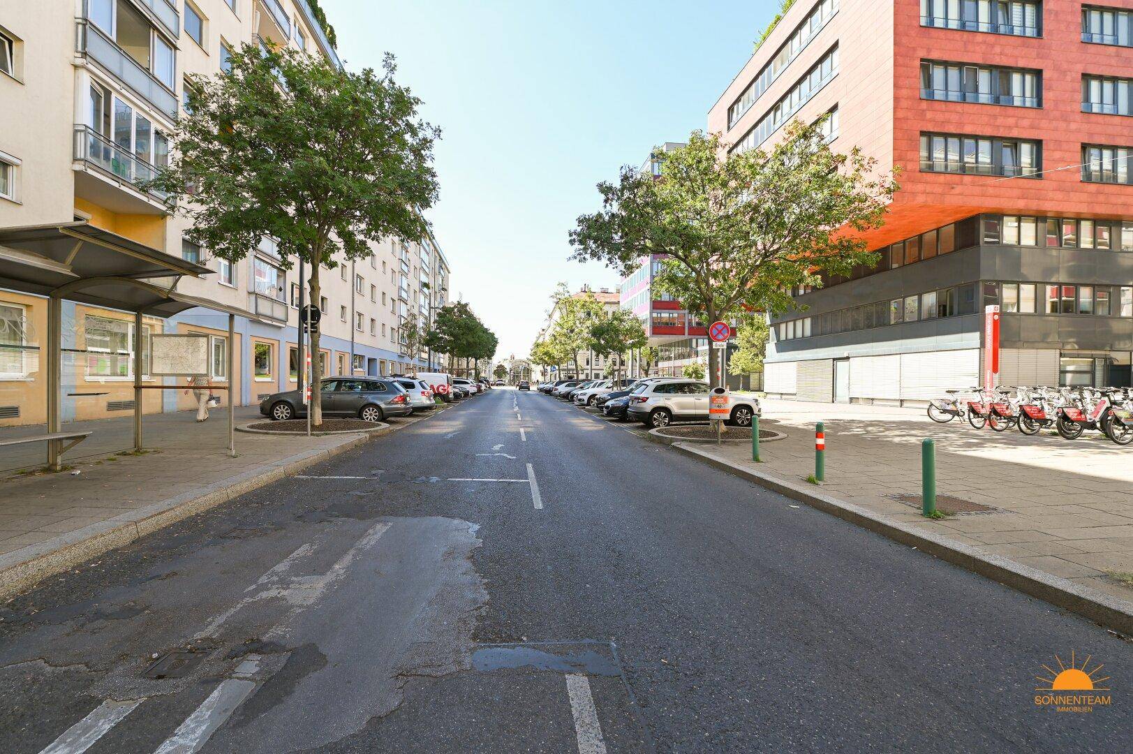 Blick auf eine städtische Straße mit parkenden Autos, Bäumen und Wohngebäuden unter blauem Himmel.