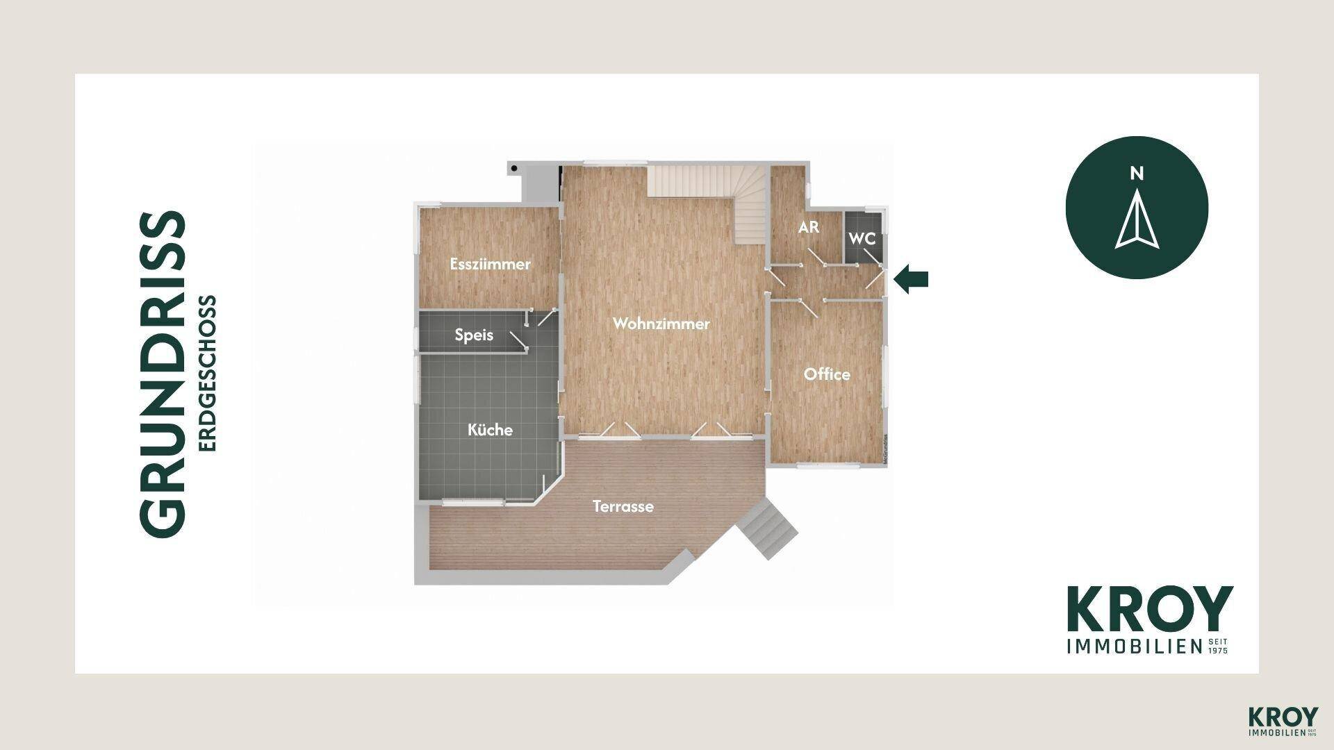 Grundriss des Erdgeschosses mit offenem Wohnbereich, Küche, Esszimmer und Terrasse.