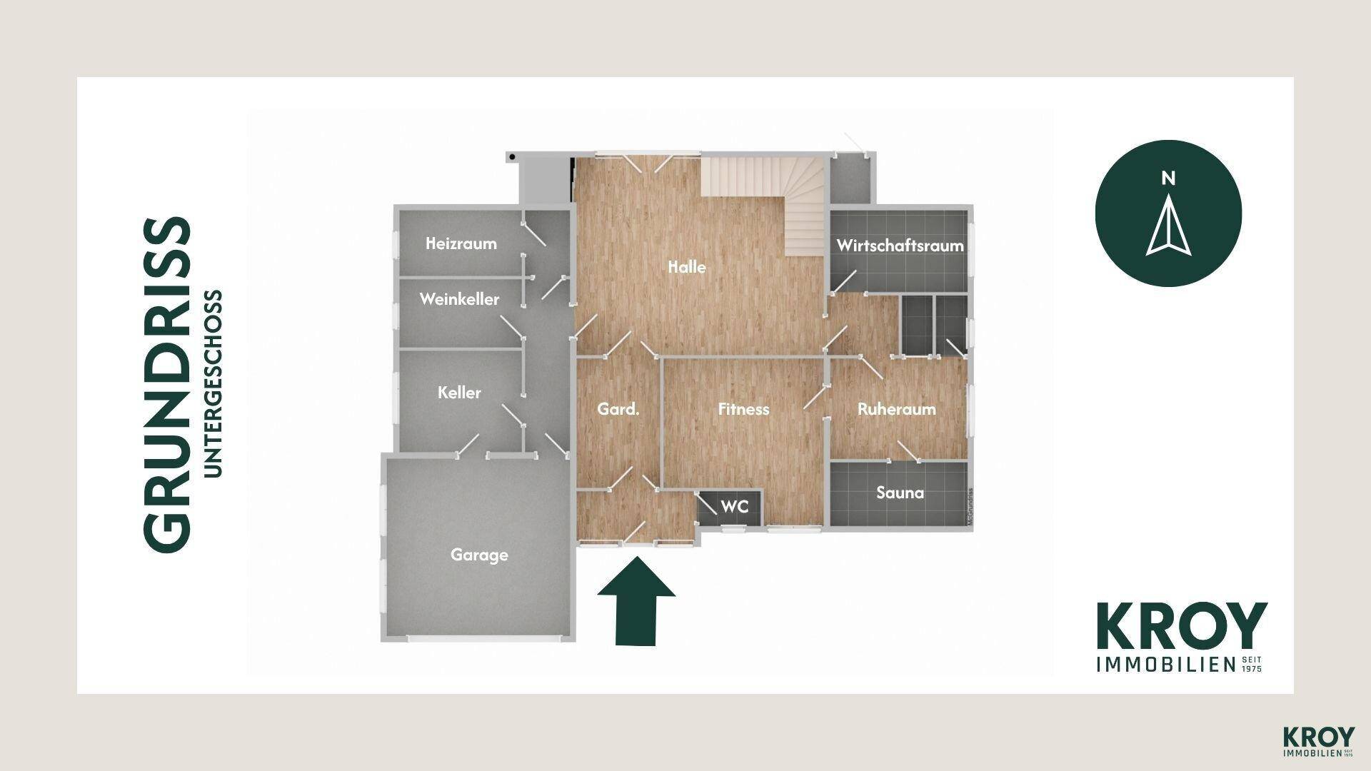 Grundriss des Untergeschosses mit Garage, Weinkeller, Fitnessraum und Sauna.