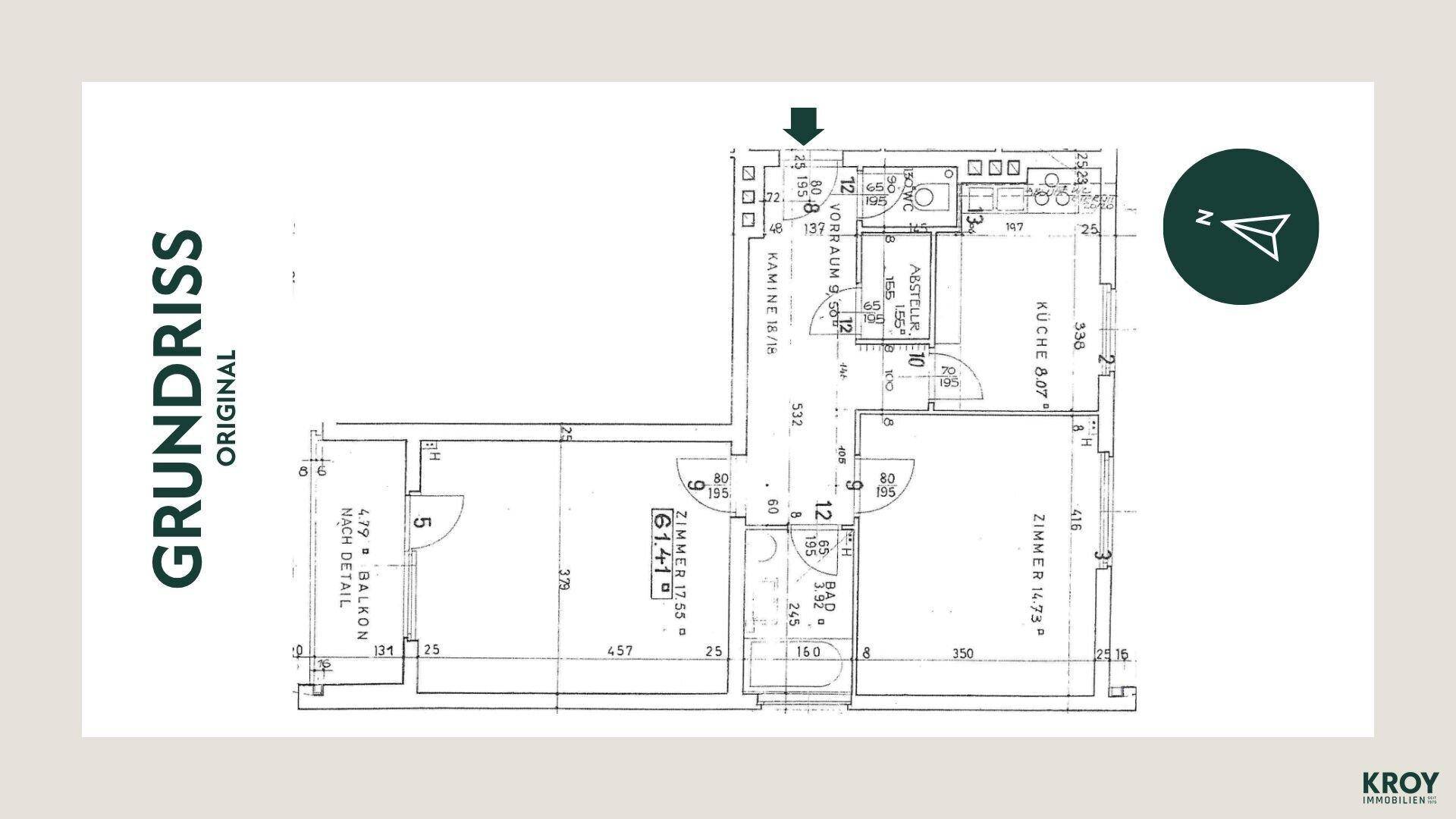 Originaler Grundriss der Wohnung mit detaillierten Maßen und Raumbezeichnungen.