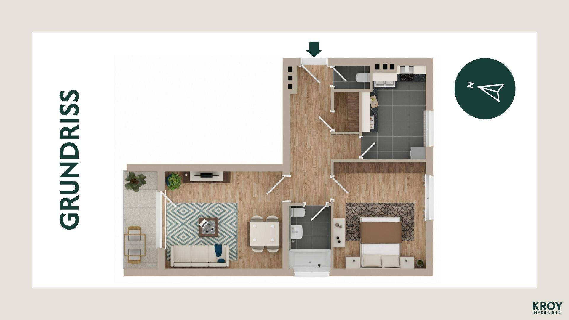 Visualisierter Grundriss der Wohnung mit Möblierung und Raumaufteilung.