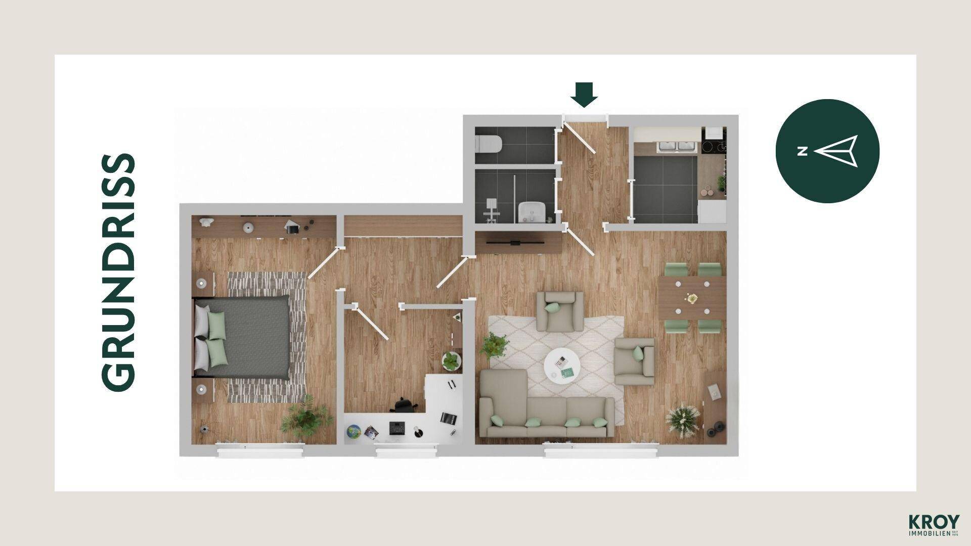 Moderner Grundriss einer Wohnung mit zwei Schlafzimmern und offenem Wohnbereich.