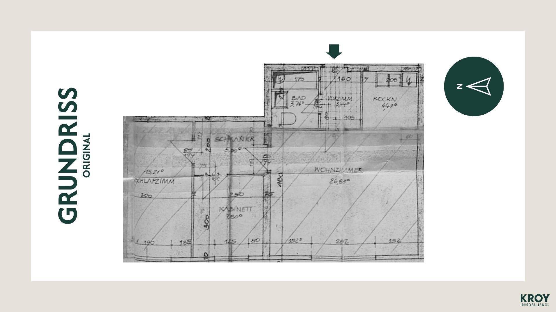 Originaler Grundriss einer Wohnung mit drei Zimmern und Bad.
