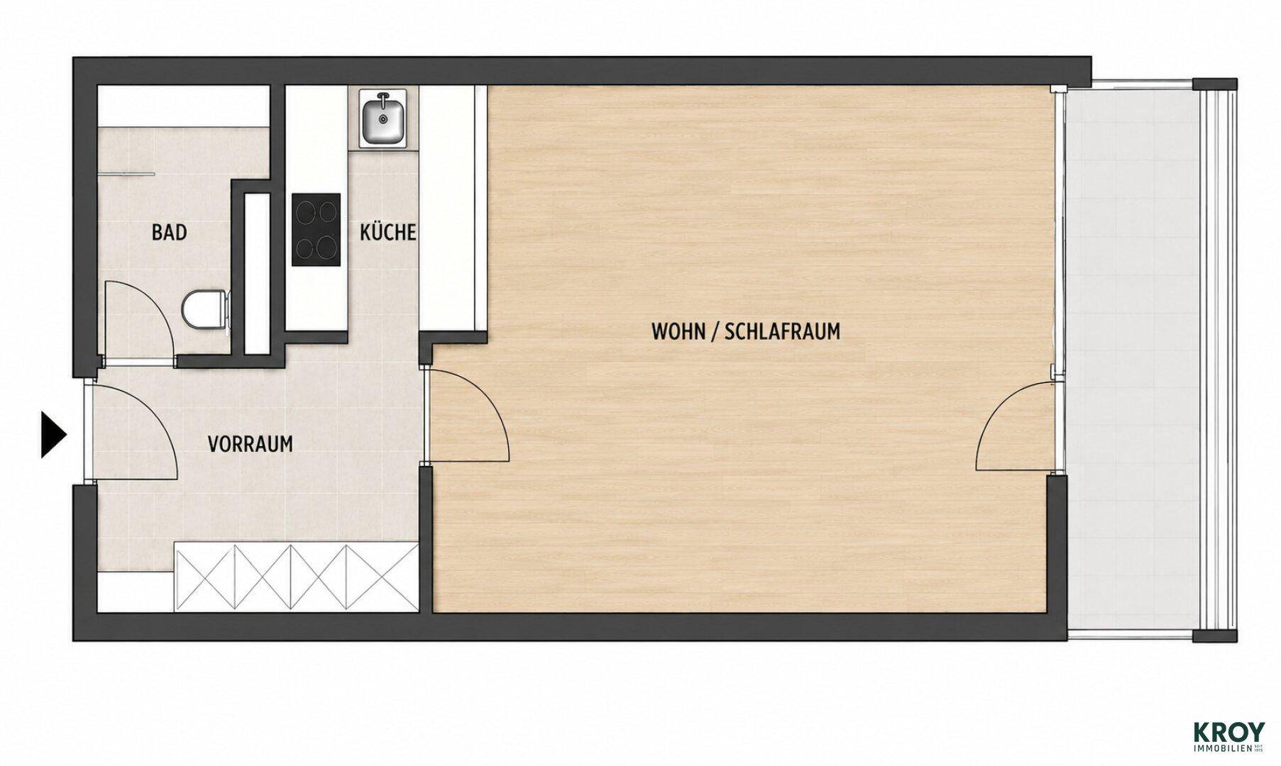Grundriss einer Wohnung mit Wohn-/Schlafbereich, Küche, Bad und Vorraum.