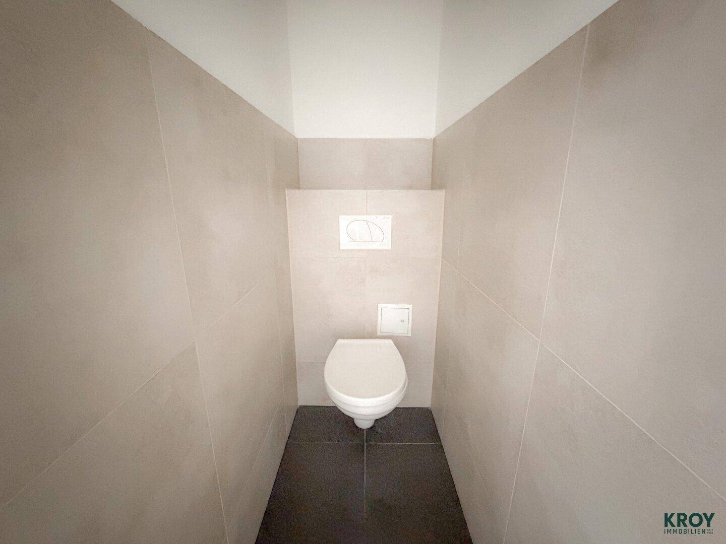 Separates WC mit Wand-WC und modernen Fliesen an Wänden und Boden.