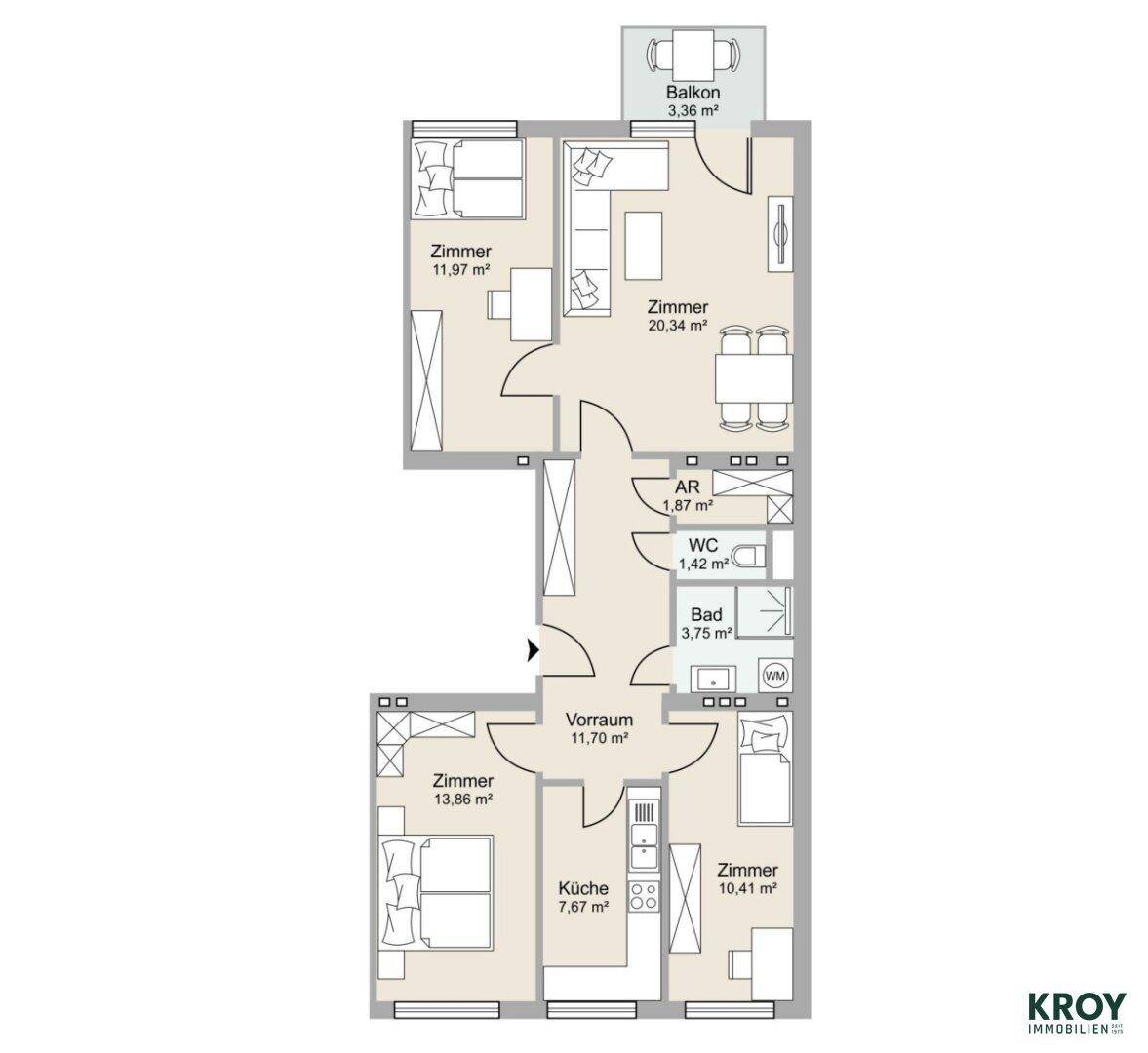 Detaillierter Grundriss der Wohnung mit Zimmern, Küche, Bad, WC und Balkon.
