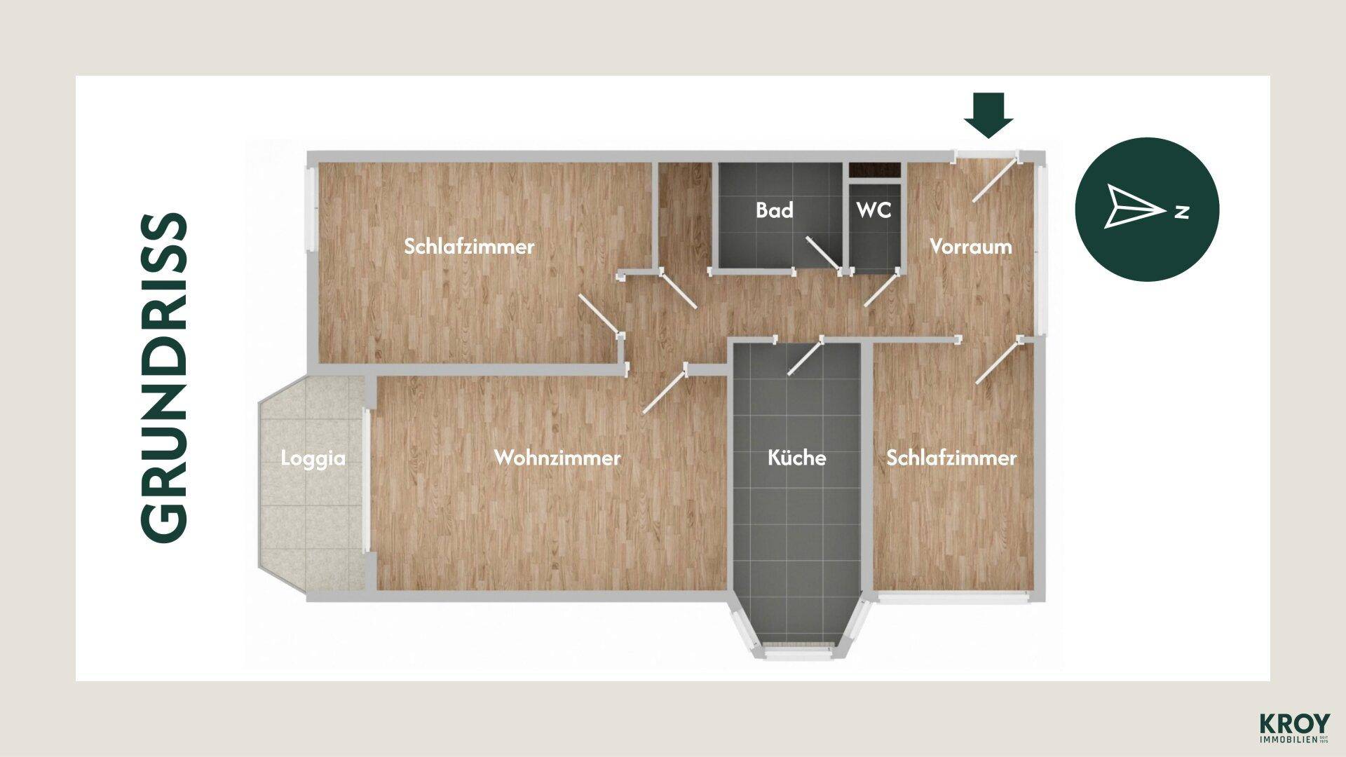 Digitaler Grundriss einer Wohnung mit zwei Schlafzimmern, Loggia, Bad und separatem WC.