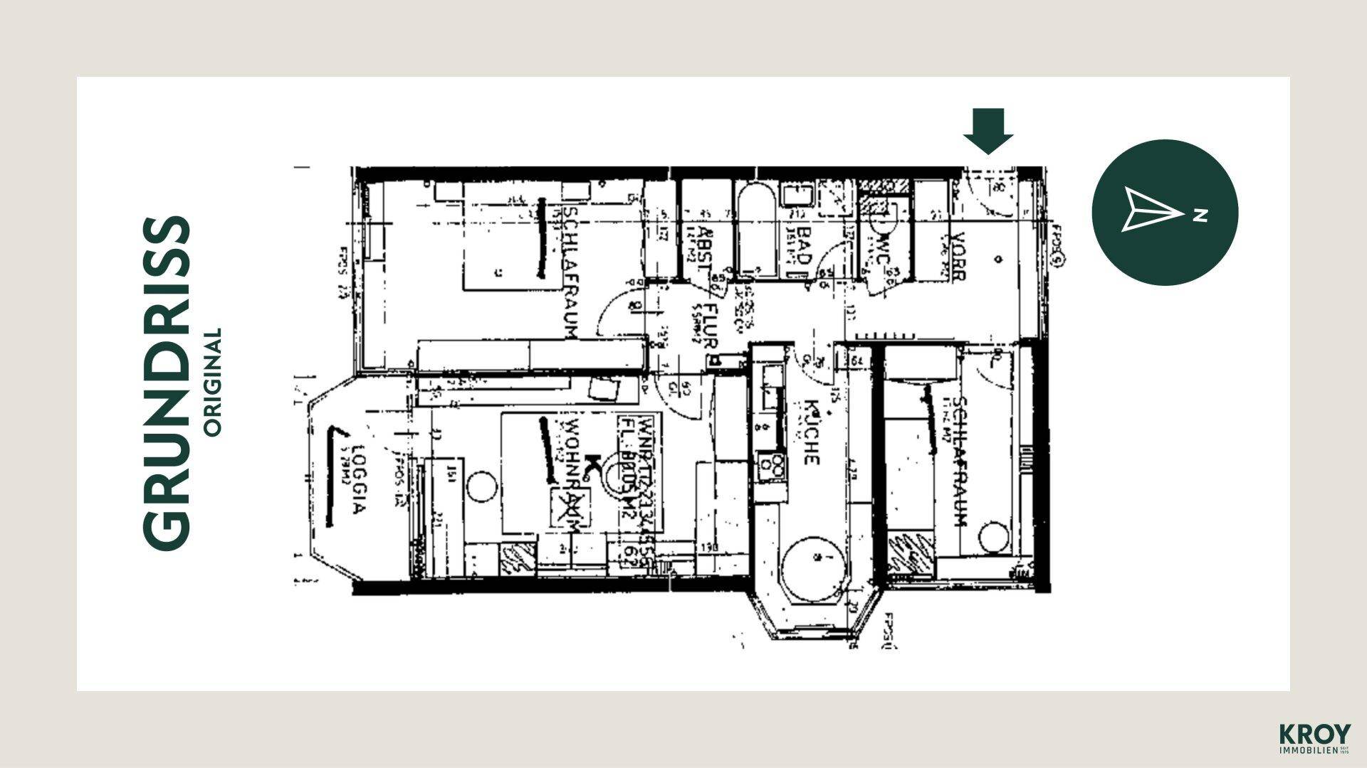 Originaler Grundriss einer Wohnung mit Loggia, Bad und separatem WC, typisch für Altbauten.