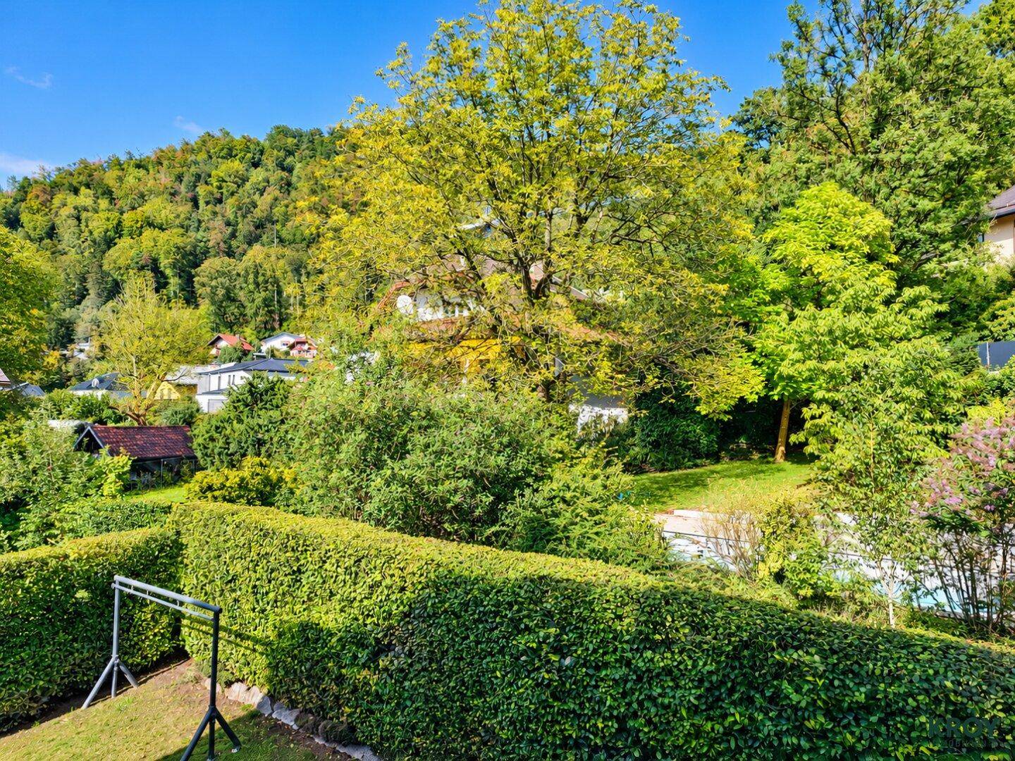 Grüner Gartenbereich mit hoher Hecke und Blick auf die bewaldeten Hügel im Hintergrund.