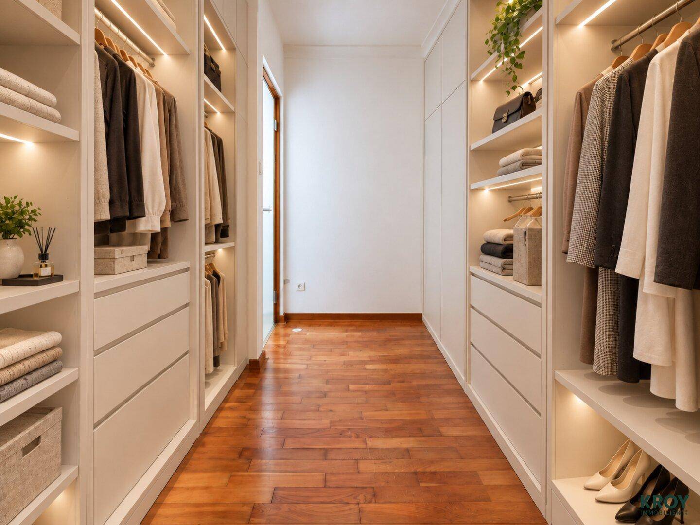 Moderner begehbarer Kleiderschrank mit integrierter Beleuchtung und viel Stauraum.