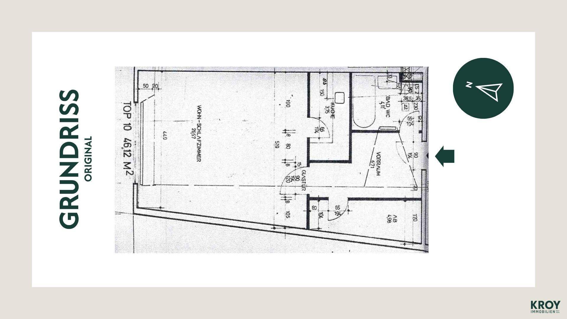 Originaler Grundriss der Wohnung mit offenem Wohn-Schlafzimmer, Küche und Bad/WC.