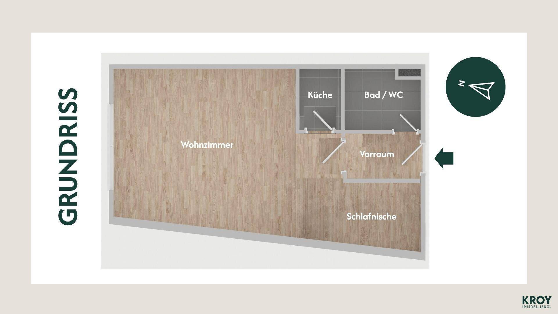Moderner Grundriss der Wohnung mit Wohnzimmer, Schlafnis, Küche und Bad/WC.