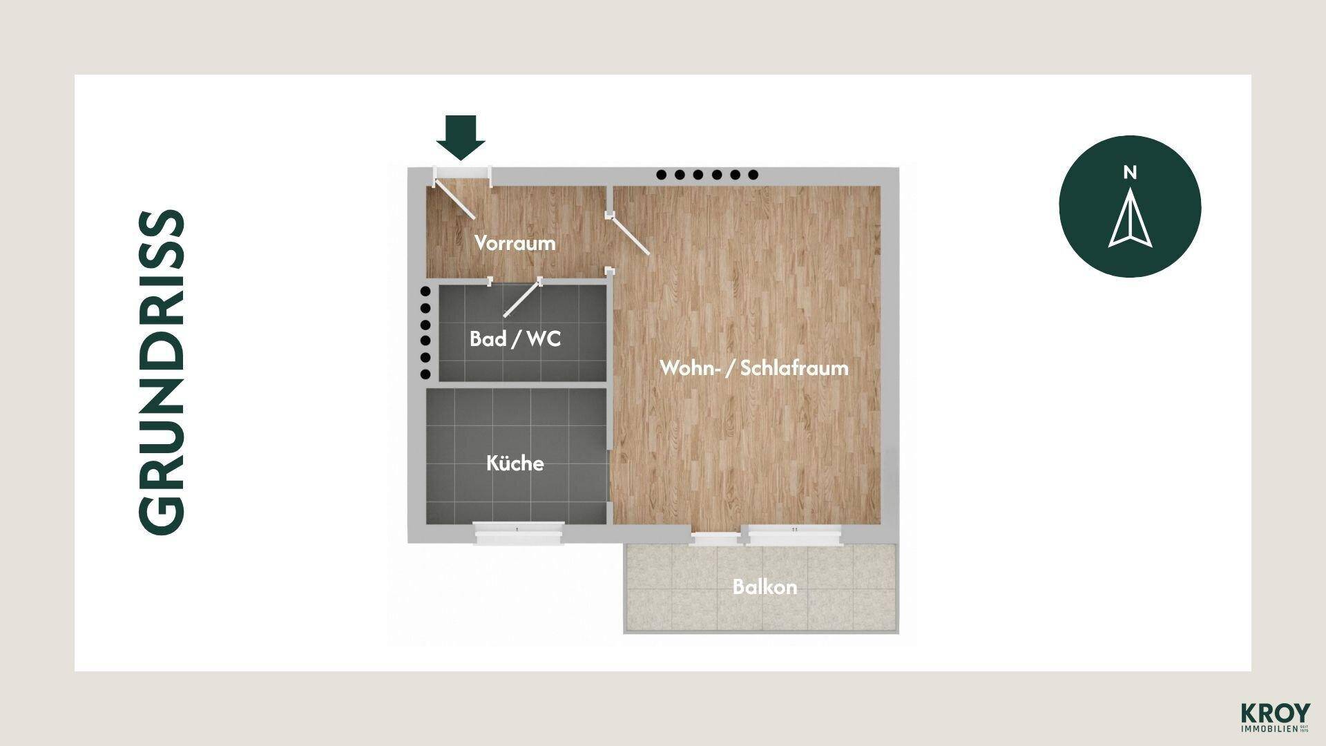 Grundriss einer Wohnung mit kombiniertem Wohn-/Schlafzimmer, Küche, Bad/WC und Balkon.