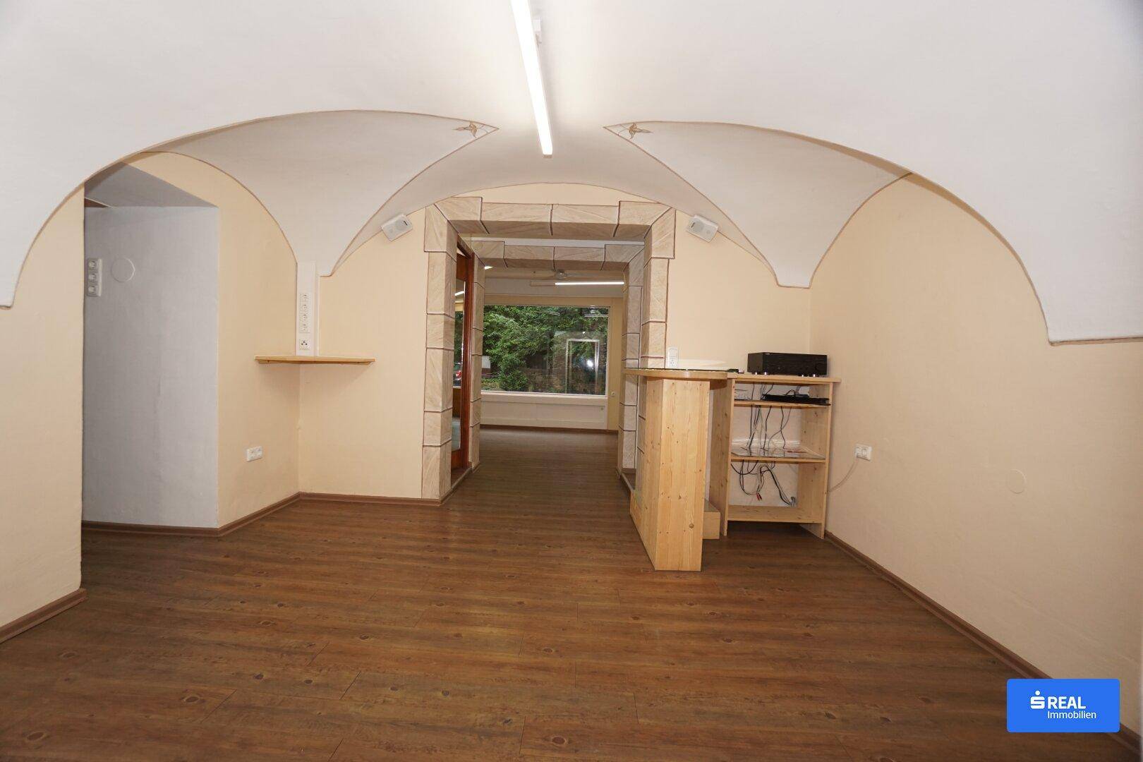 Langer Raum mit gewölbter Decke, Laminatboden und einem kleinen Tresenbereich, der zu weiteren Räumen führt.