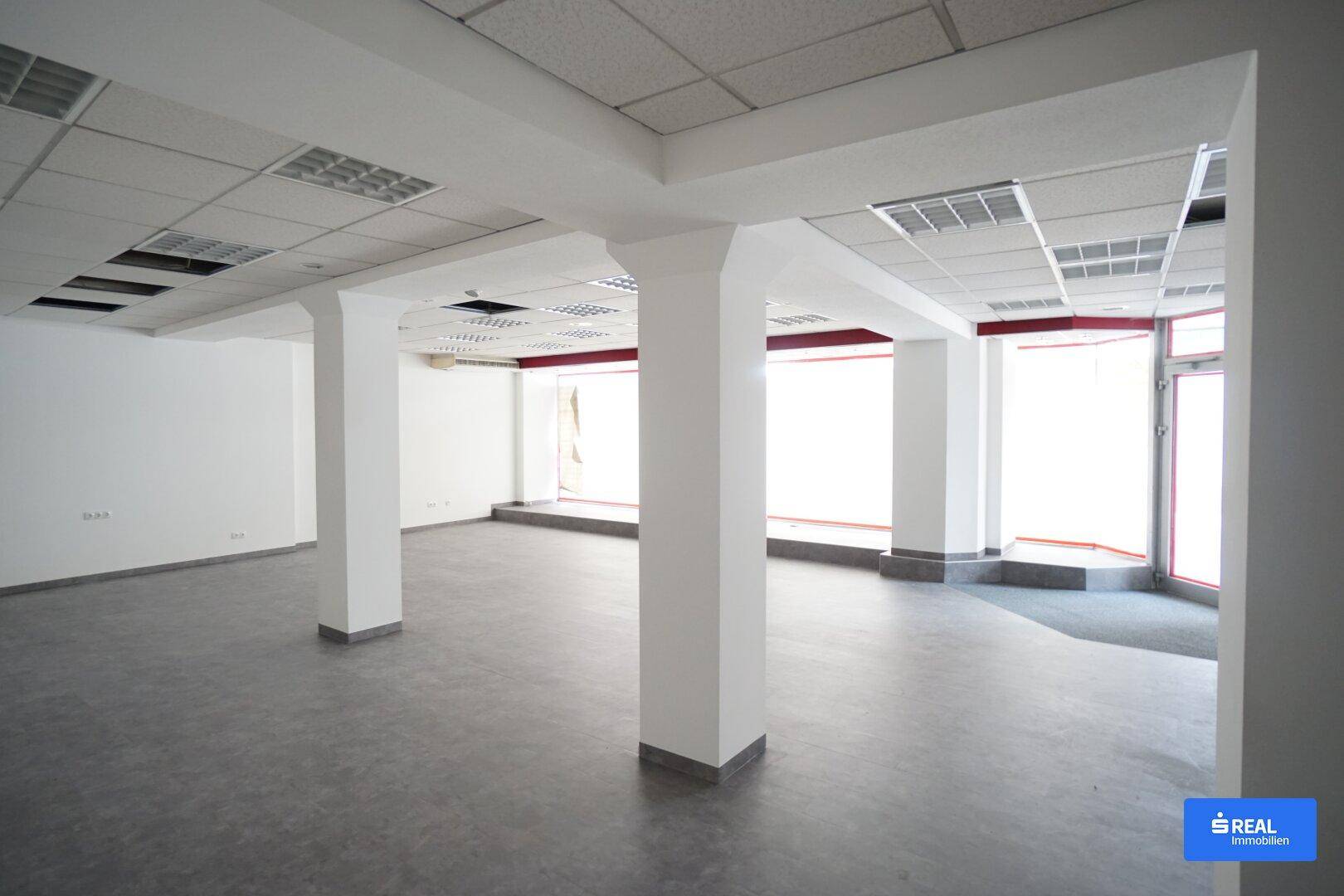 Großer, offener Gewerberaum mit vielen Säulen und abgehängter Decke, ideal für verschiedene Nutzungen.