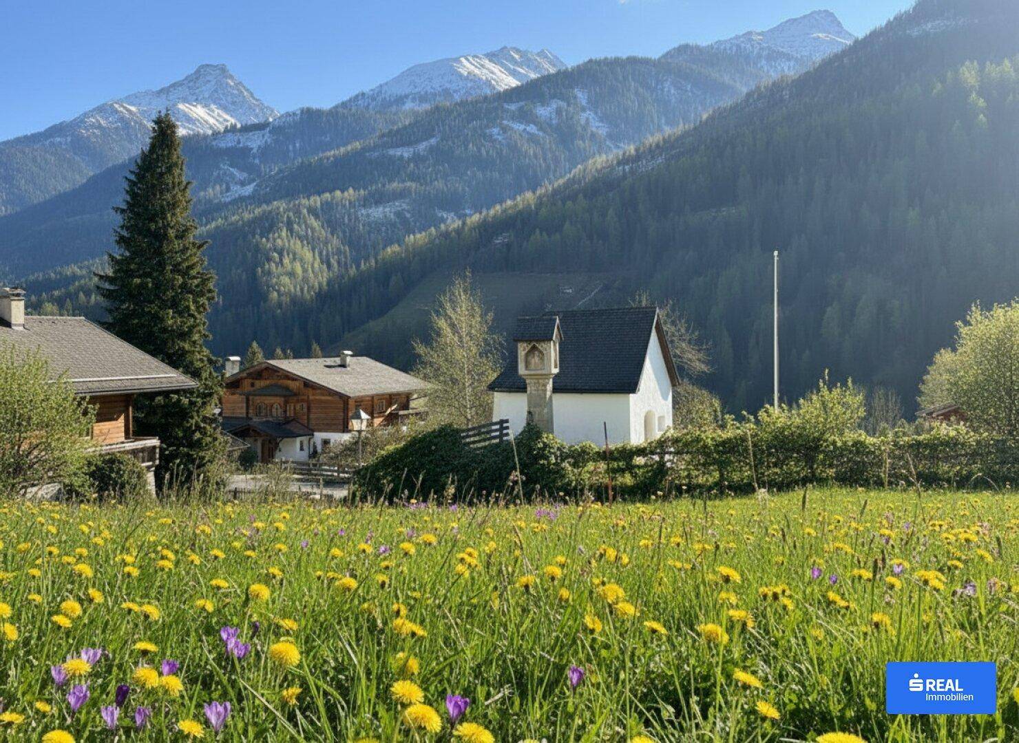 Weitläufige Wiesen mit bunten Blumen und schneebedeckten Bergen im Hintergrund, die die ländliche Idylle betonen.