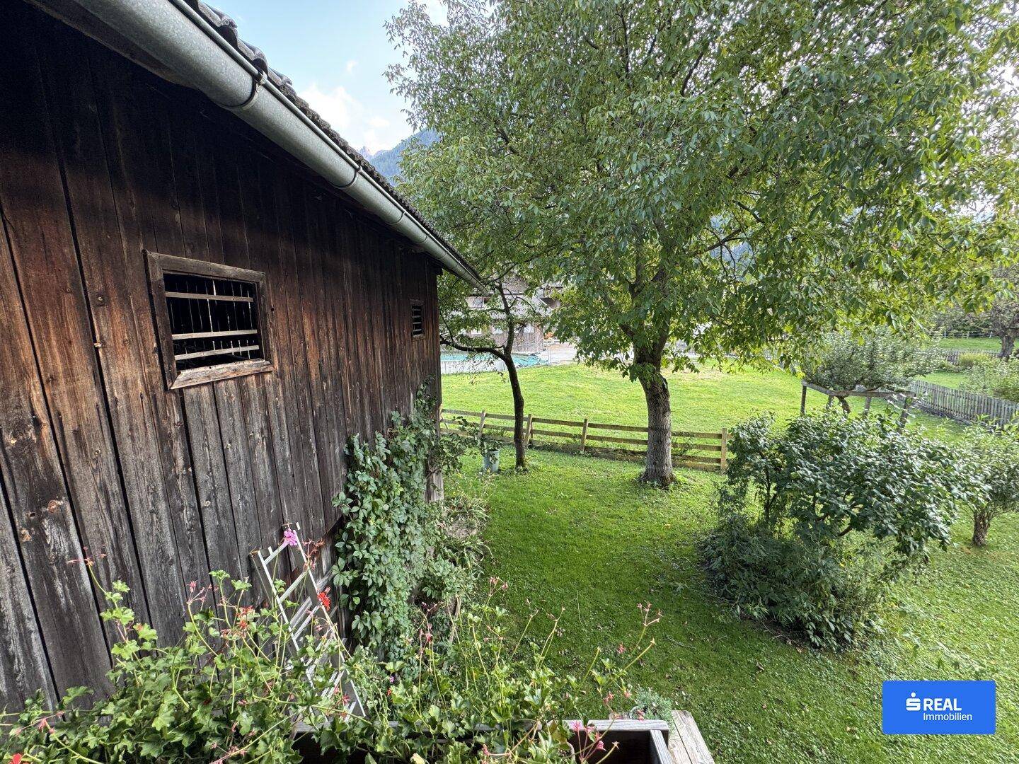 Seitenansicht des Holzhauses mit Regenrinne und Blick über den grünen Garten mit Bäumen.