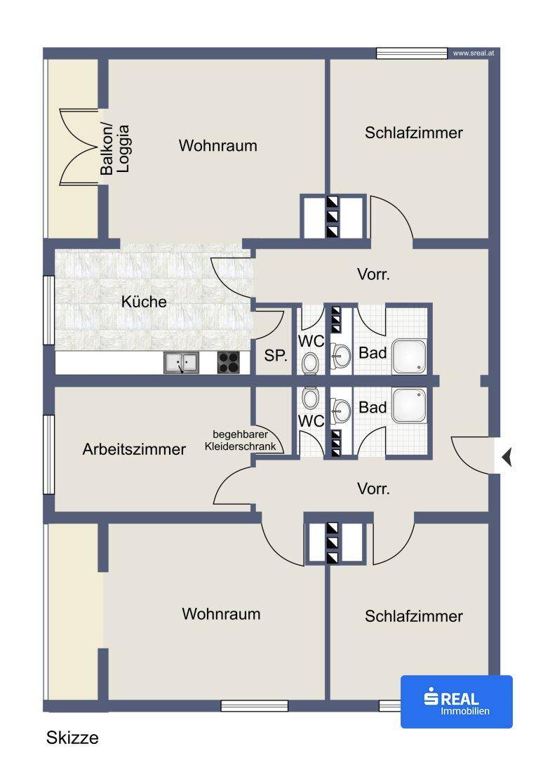 Grundrissplan mit mehreren Zimmern, Bädern, Küche und Balkon/Loggia.