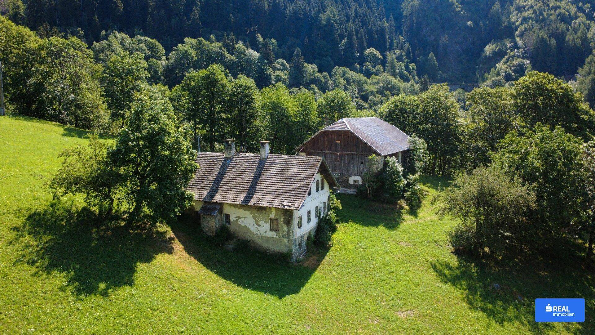 Luftaufnahme von zwei traditionellen Gebäuden auf einer grünen Wiese, umgeben von Bäumen.