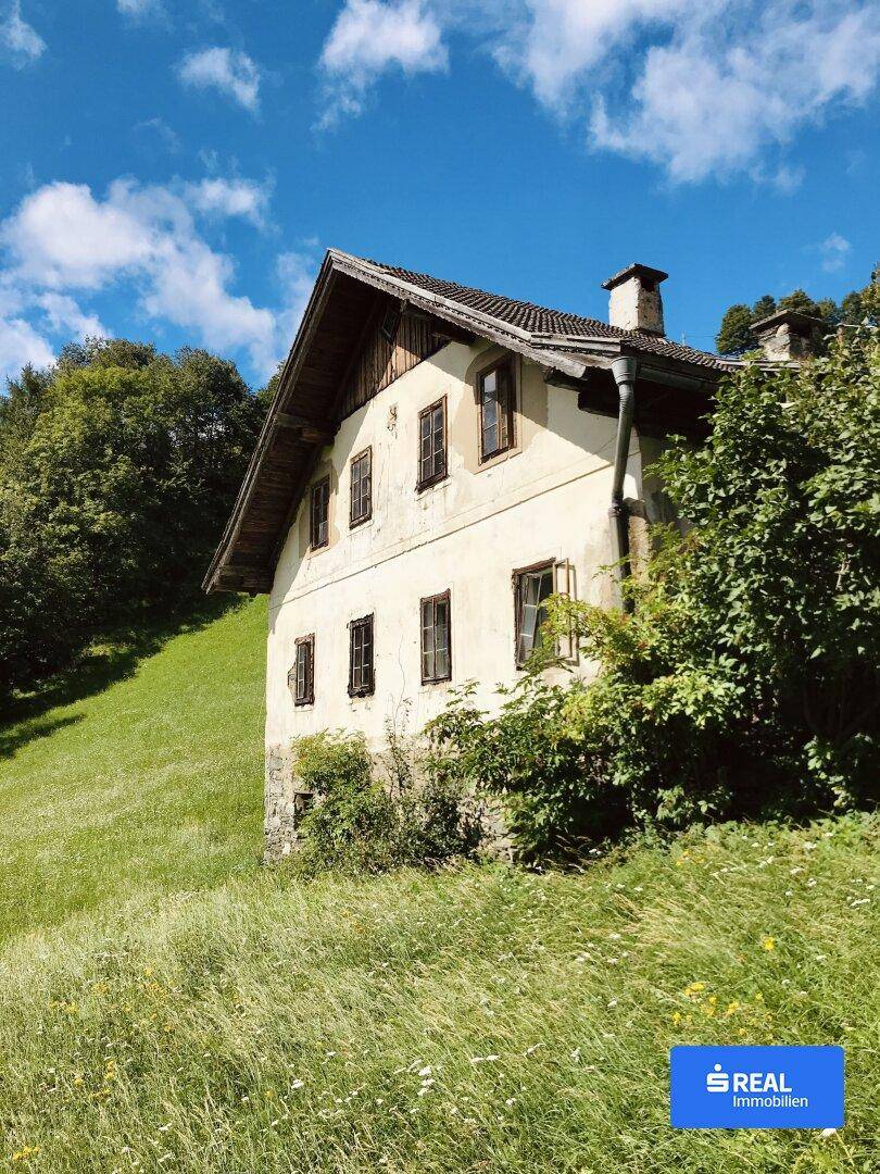 Traditionelles Haus mit hellen Fassaden und Holzelementen auf einer sonnigen Wiese.