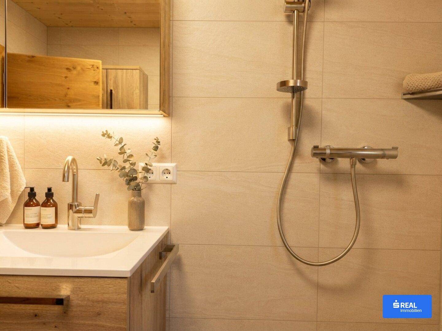 Modernes Badezimmer mit beigefarbenen Fliesen, Einzelwaschbecken und Duschbereich.