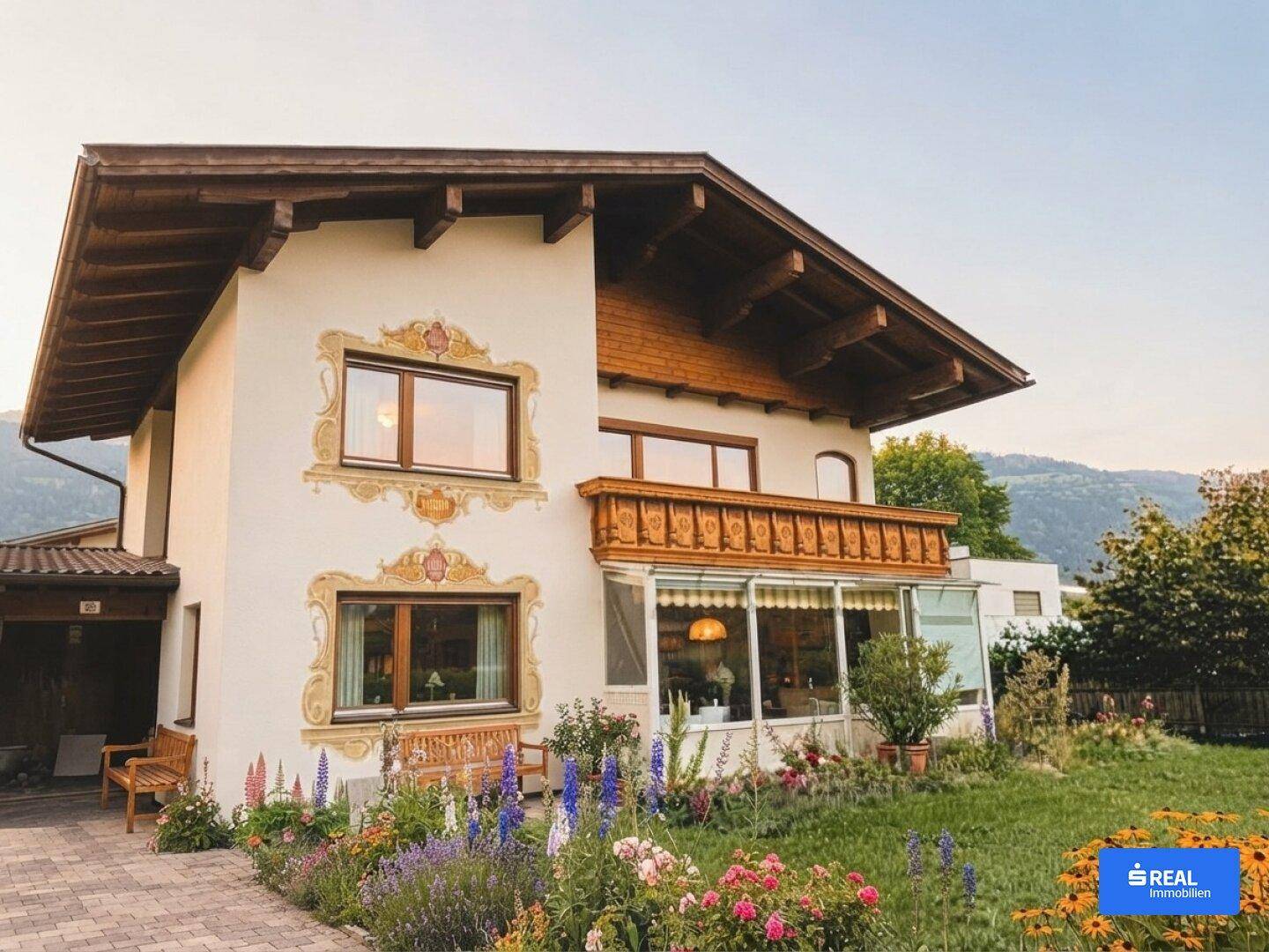 Charmantes Haus im Alpenstil mit bemalter Fassade, Wintergarten und blühendem Vorgarten.