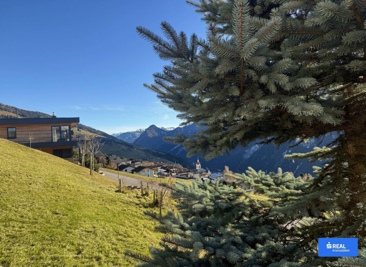 Malerische Berglandschaft mit einem modernen Gebäude im Hintergrund und einem Nadelbaum im Vordergrund.