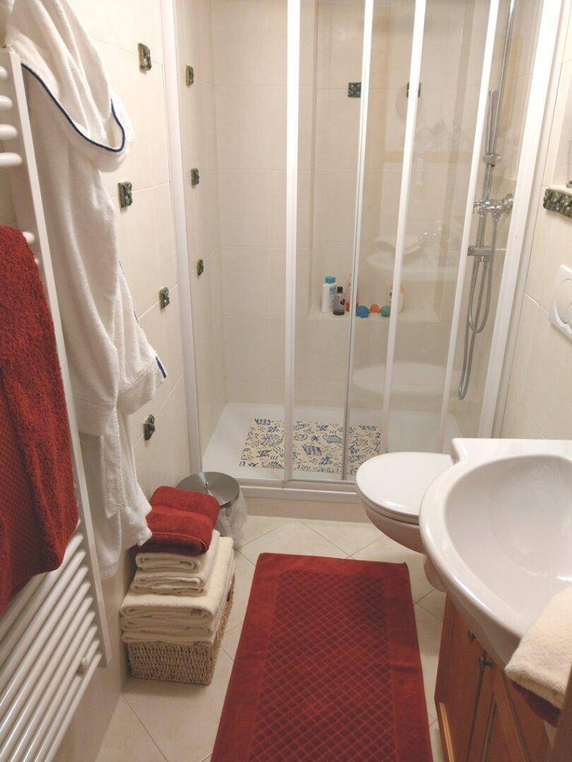 Kleines Badezimmer mit Duschkabine, WC und Waschbecken, ausgestattet mit Handtuchheizkörper.