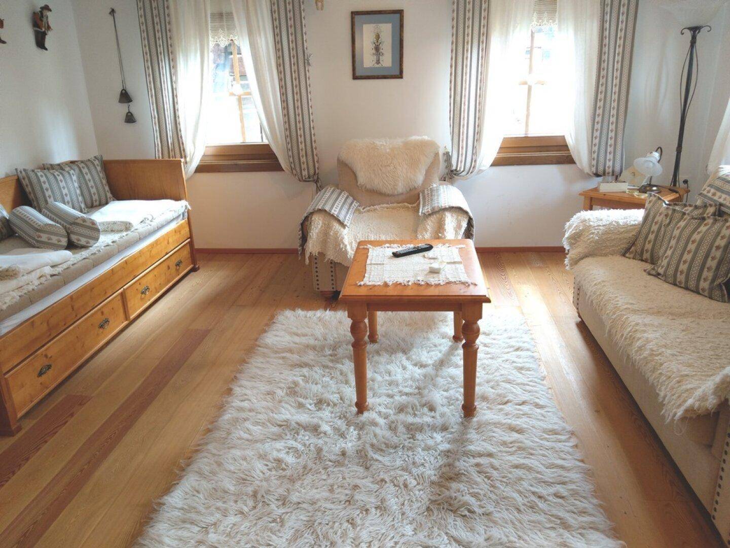 Gemütliches Wohnzimmer mit Sofa, Couchtisch und flauschigem Teppich.