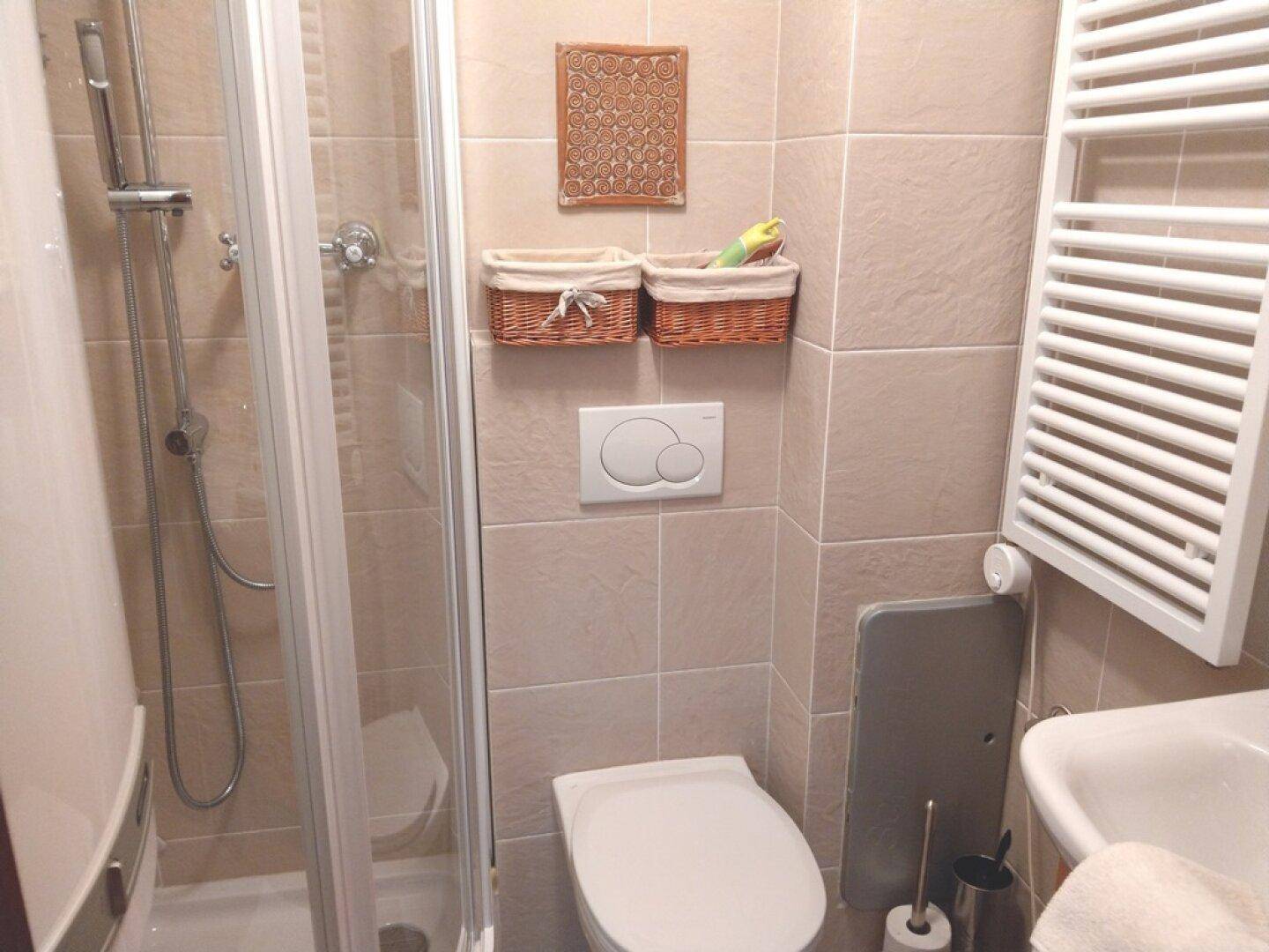 Badezimmer mit Duschkabine, WC und Waschbecken, ausgestattet mit Handtuchheizkörper.