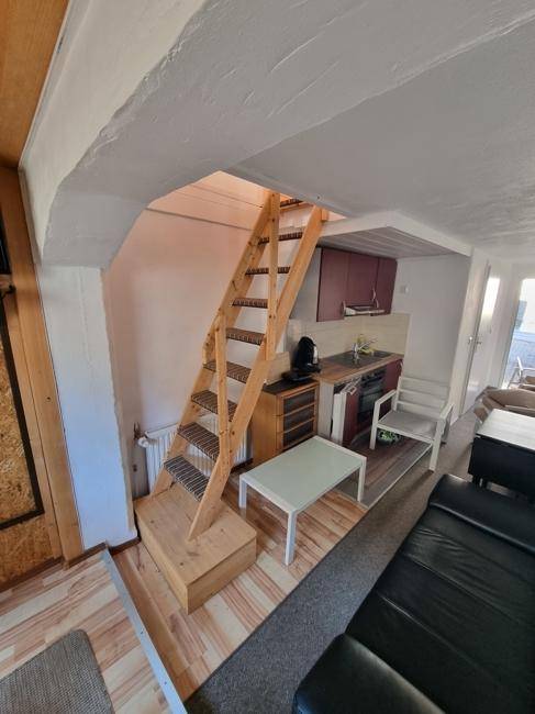 Kompakte Küchenzeile mit Kochfeld und Kühlschrank, geschickt in den Wohnbereich integriert.