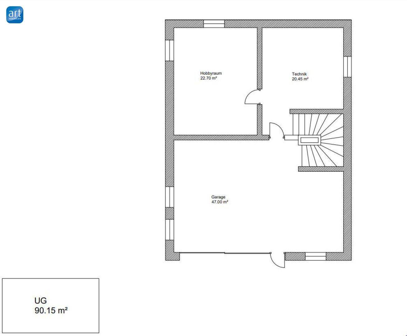 Grundriss des Untergeschosses mit Hobbyraum, Technikraum und Garage.