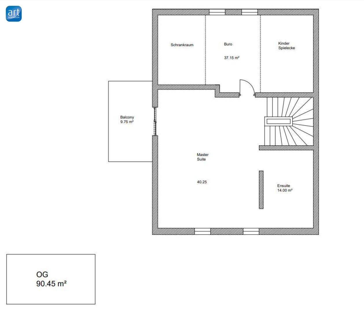 Grundriss des Obergeschosses mit Master Suite, Büro und Schrankraum.