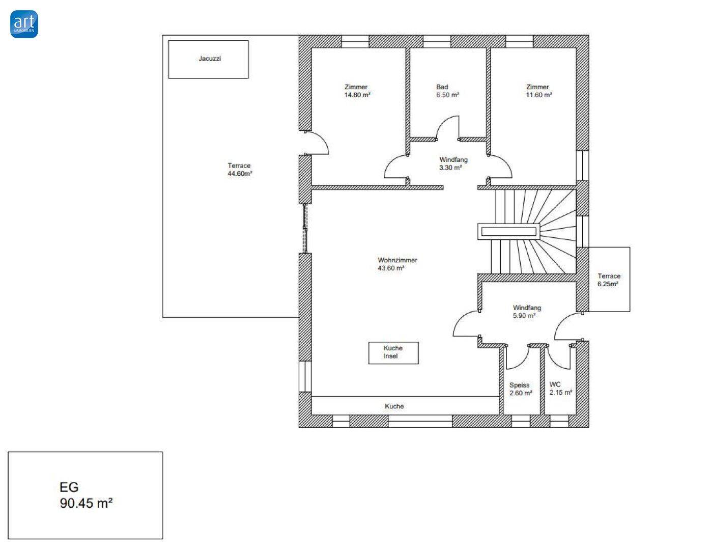 Grundriss des Erdgeschosses mit Wohnzimmer, Küche, zwei Zimmern und großer Terrasse.