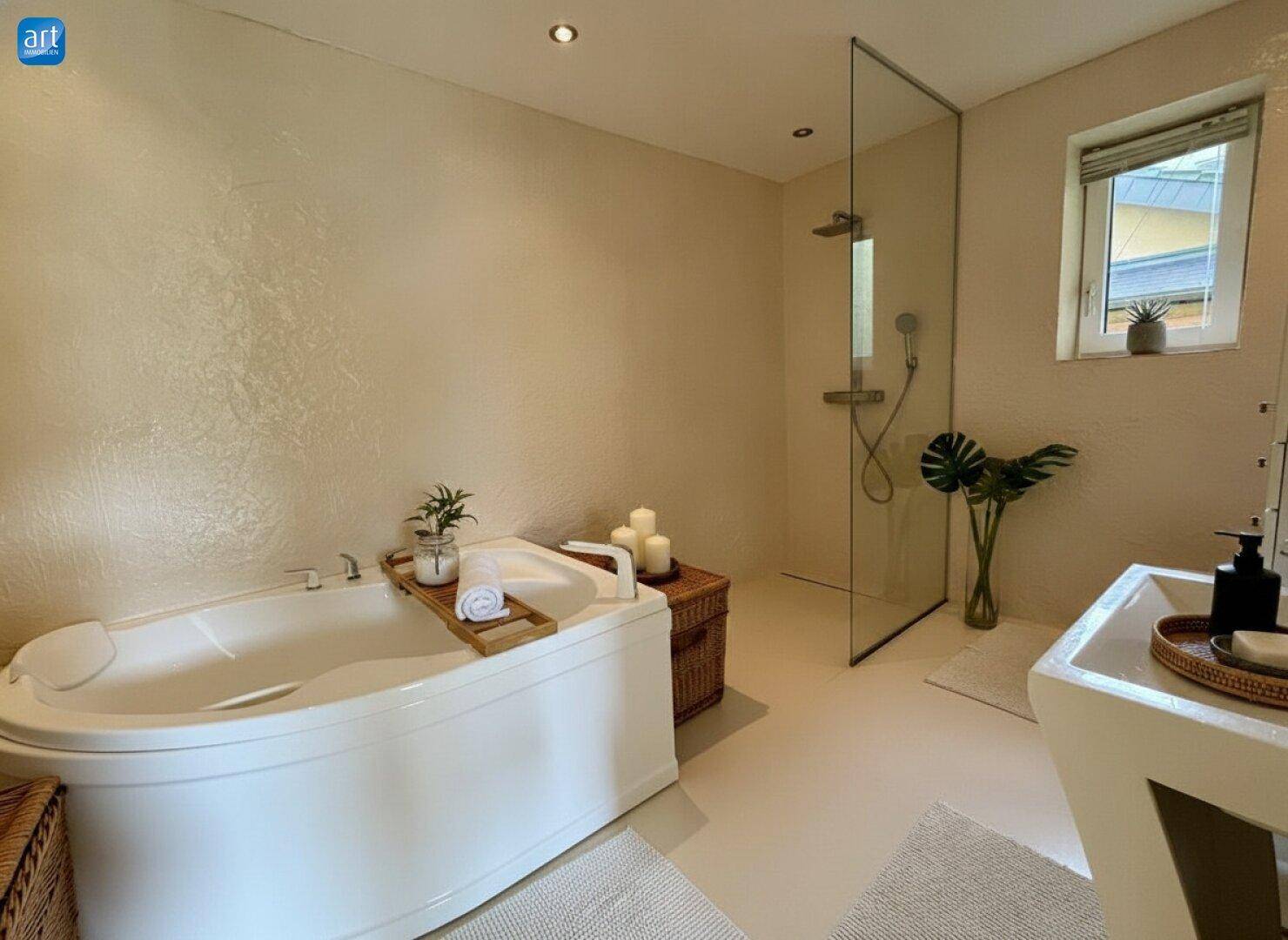 Modernes Badezimmer in Beige mit Badewanne, begehbarer Dusche und Fenster für natürliches Licht.