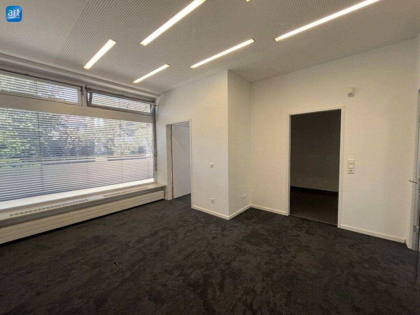 Heller Raum mit dunklem Teppichboden, großen Fenstern mit Jalousien und moderner Deckenbeleuchtung.
