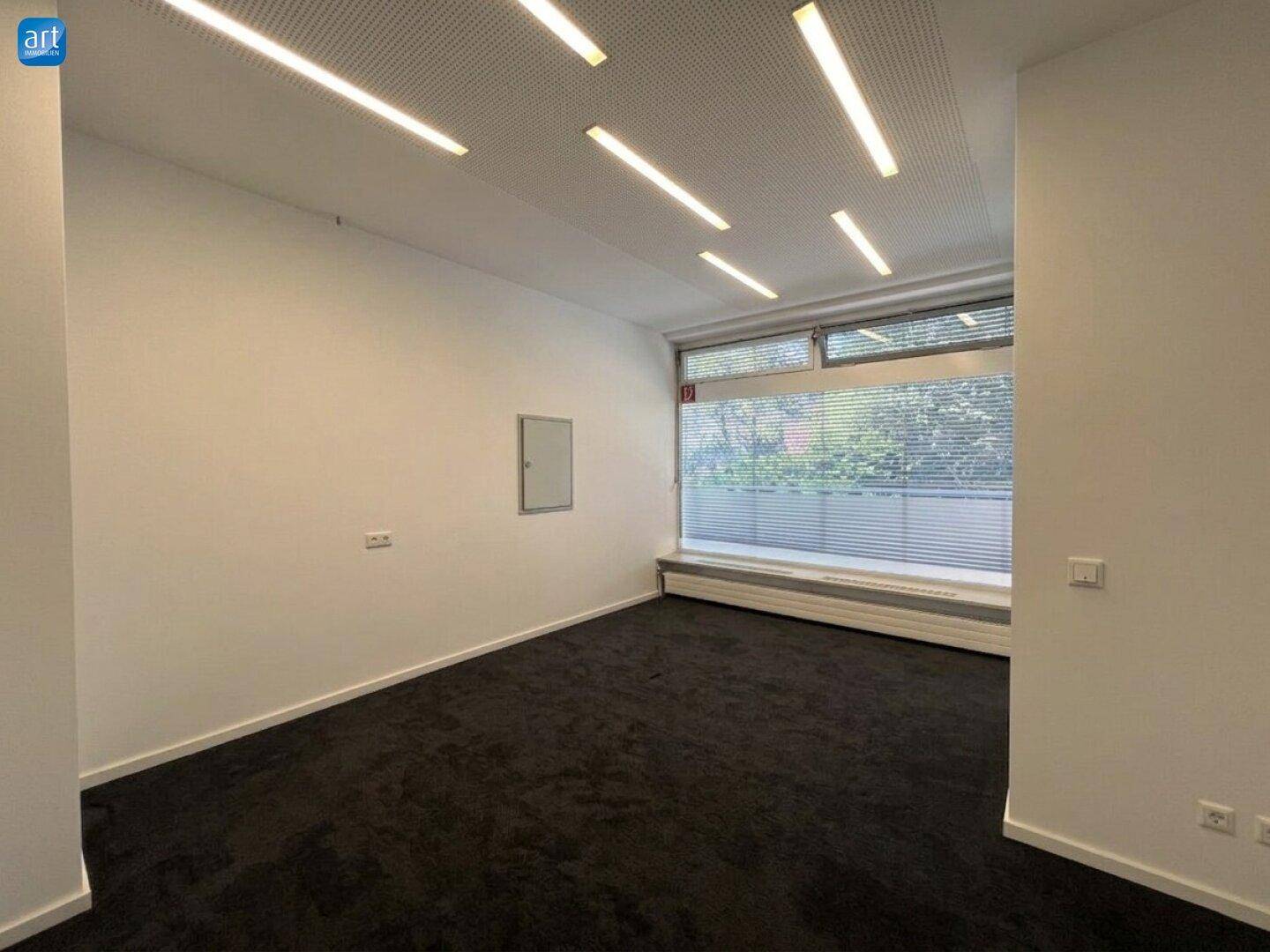 Geräumiger Raum mit dunklem Teppichboden, großen Fenstern mit Jalousien und effizienter Deckenbeleuchtung.