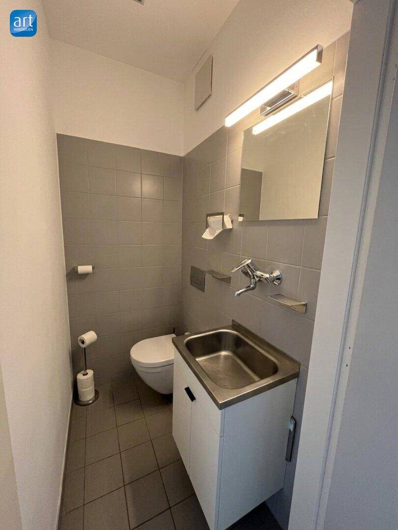 Kleines WC mit grauen Fliesen, wandhängender Toilette und einem Waschbecken mit Spiegelschrank.