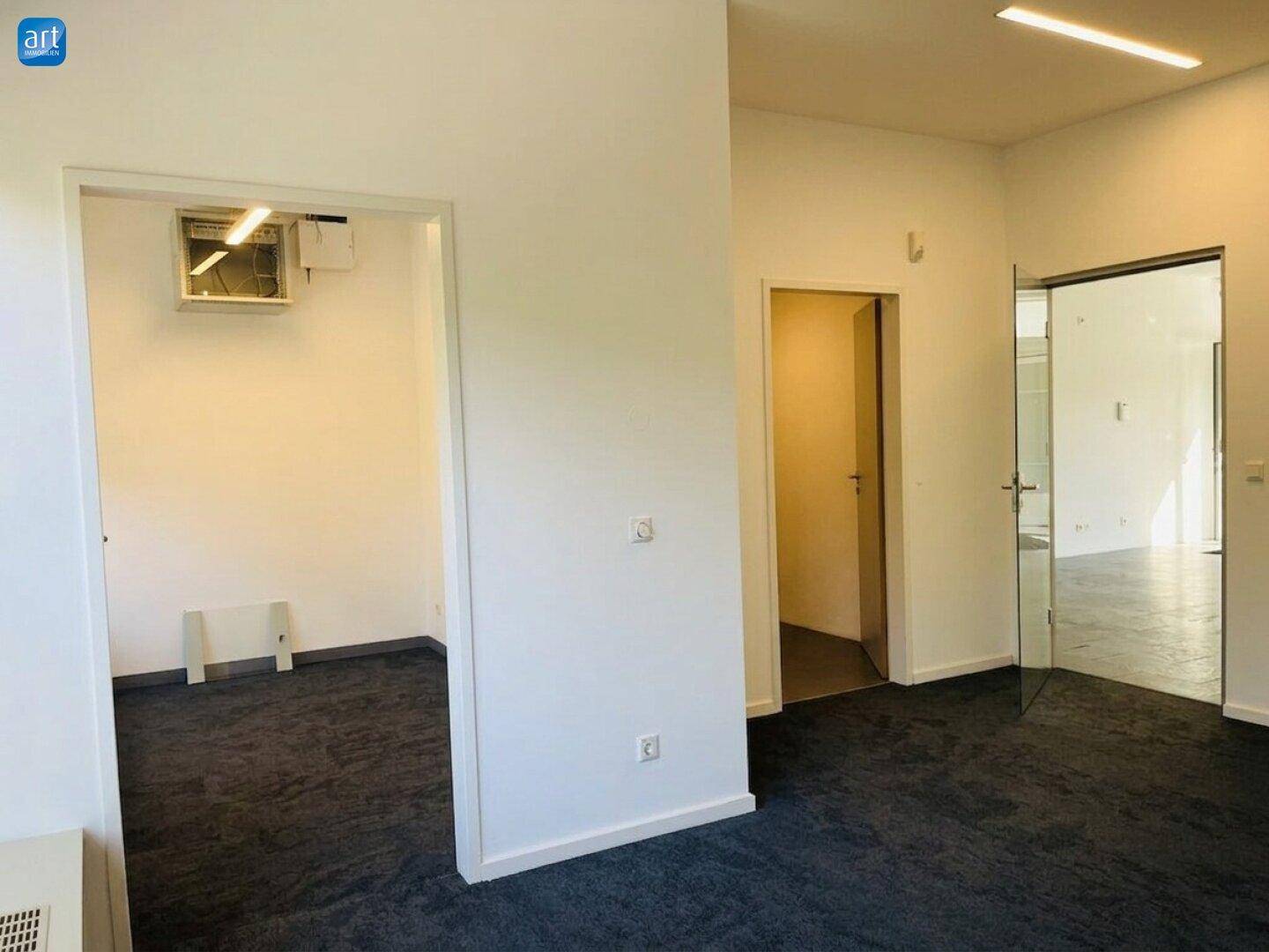 Innenansicht eines Raumes mit dunklem Teppichboden und mehreren Türen zu angrenzenden Bereichen.