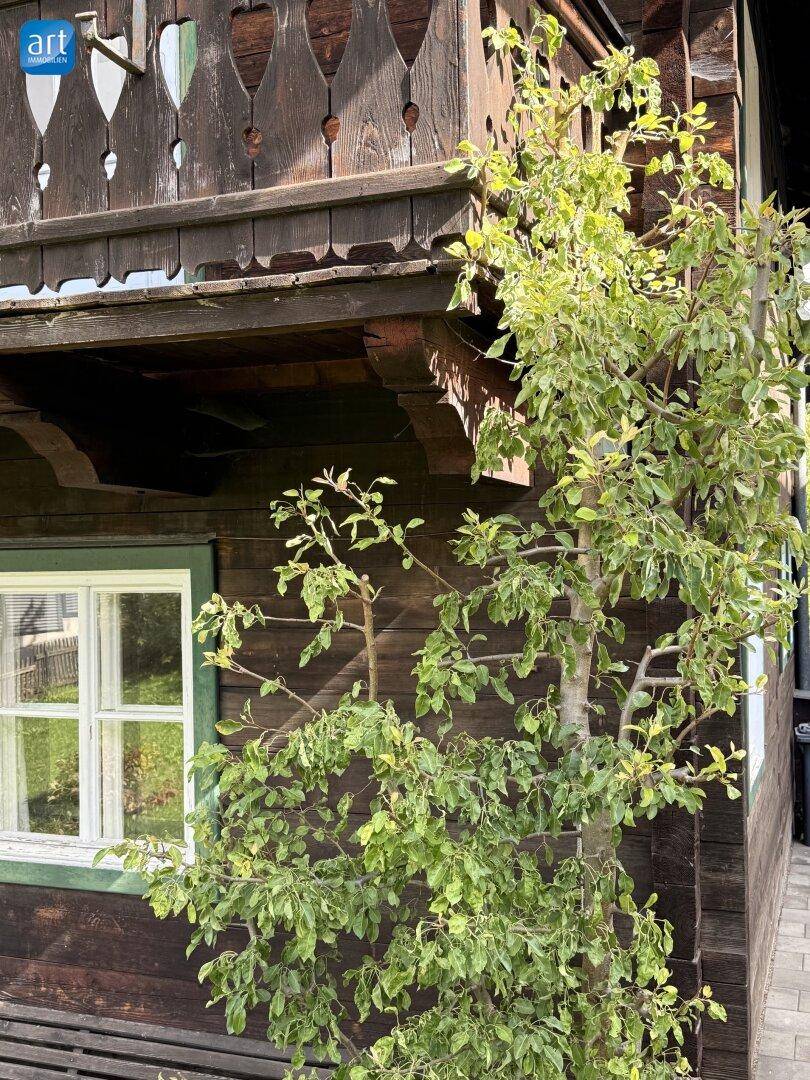 Detailansicht eines traditionellen Holzbalkons mit Schnitzereien und grüner Bepflanzung.