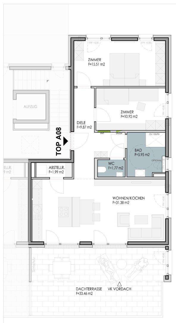 Grundriss zeigt eine Wohnung mit zwei Schlafzimmern, offenem Wohn-/Kochbereich und großer Dachterrasse.