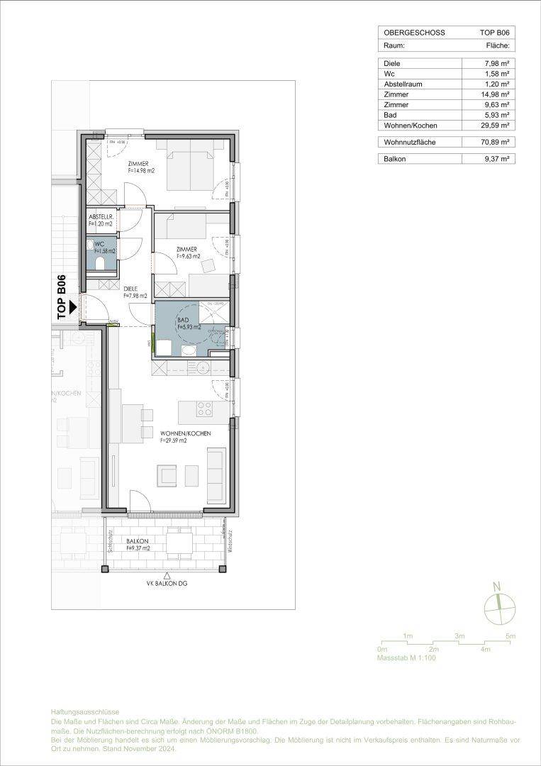 Detaillierter Grundriss einer Wohnung mit Raumaufteilung und Flächenangaben in einer Legende.