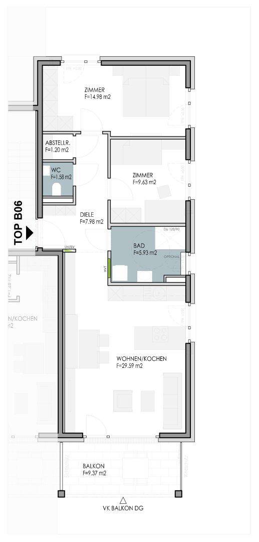 Grundriss einer Wohnung mit zwei Zimmern, einem offenen Wohn-/Kochbereich, Bad, WC und Balkon.
