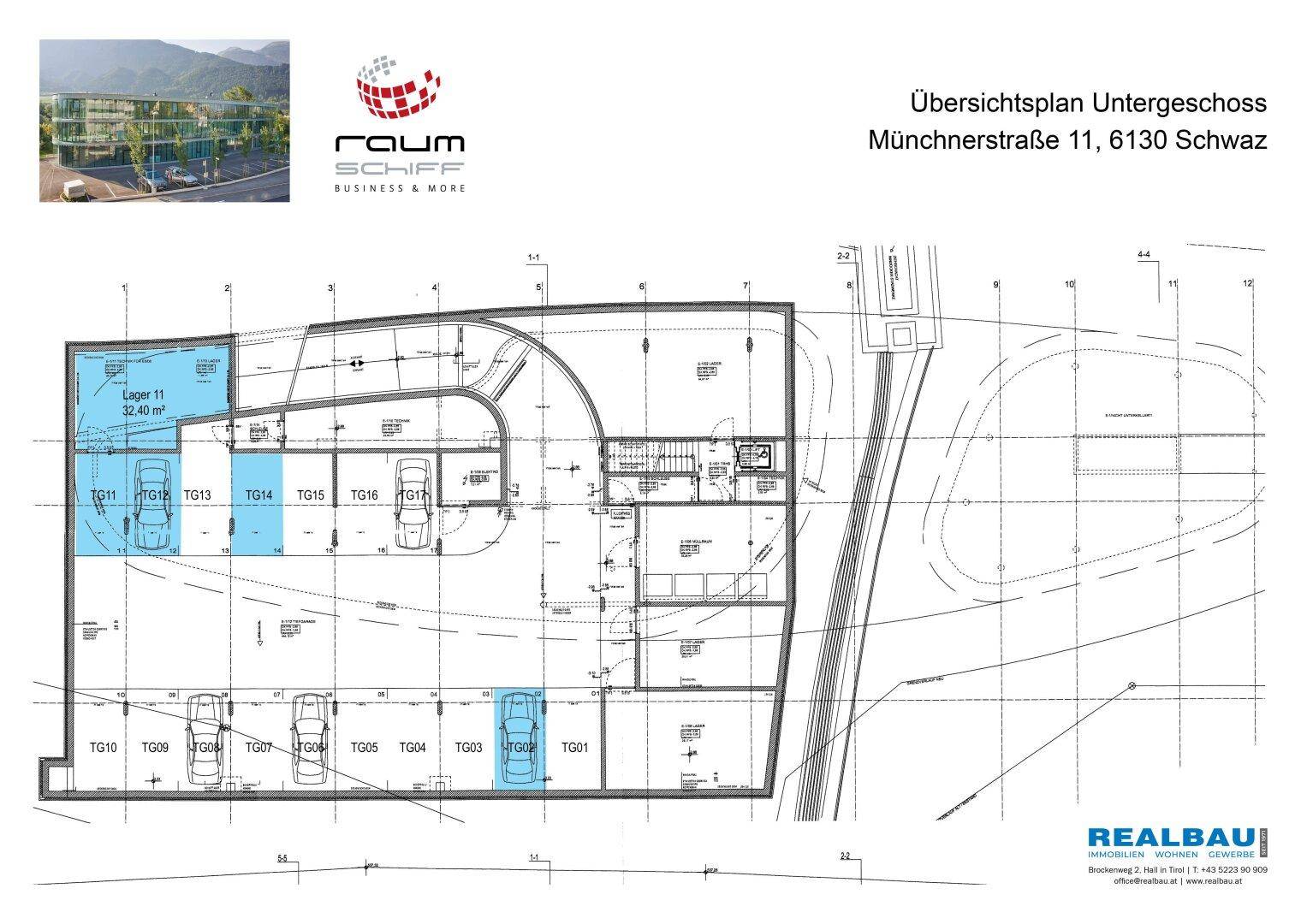 Übersichtsplan des Untergeschosses mit Tiefgarage und Lagerflächen für die Gewerbeeinheiten des Gebäudes.