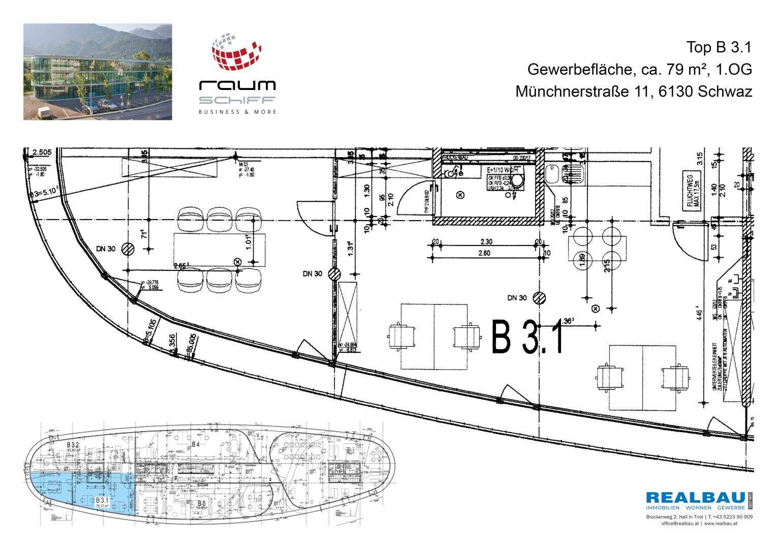 Detaillierter Grundriss der Gewerbefläche B 3.1 im ersten Obergeschoss mit Büroräumen und Sanitäranlagen.